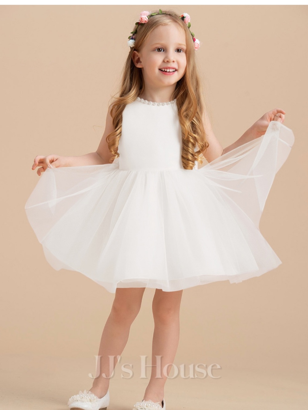 JJs House White Flower Girl Tulle Dress with Beaded Neckline
